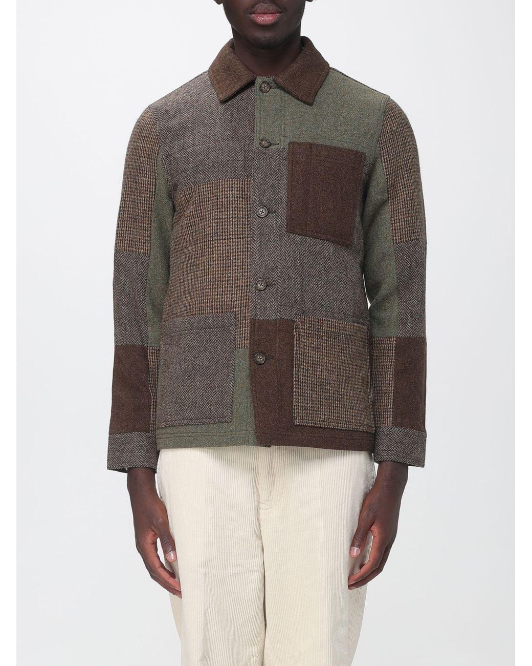 Sebago Brown Patchwork Wool Shirt Jacket With Velvet Collar for men
