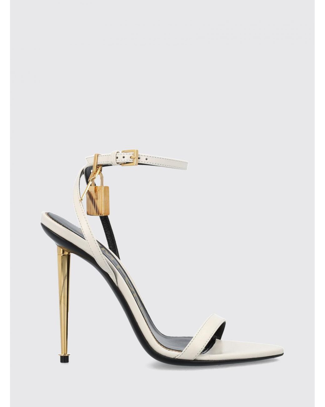Tom Ford White Padlock Leather Sandals With Stiletto Heel And Ankle Strap