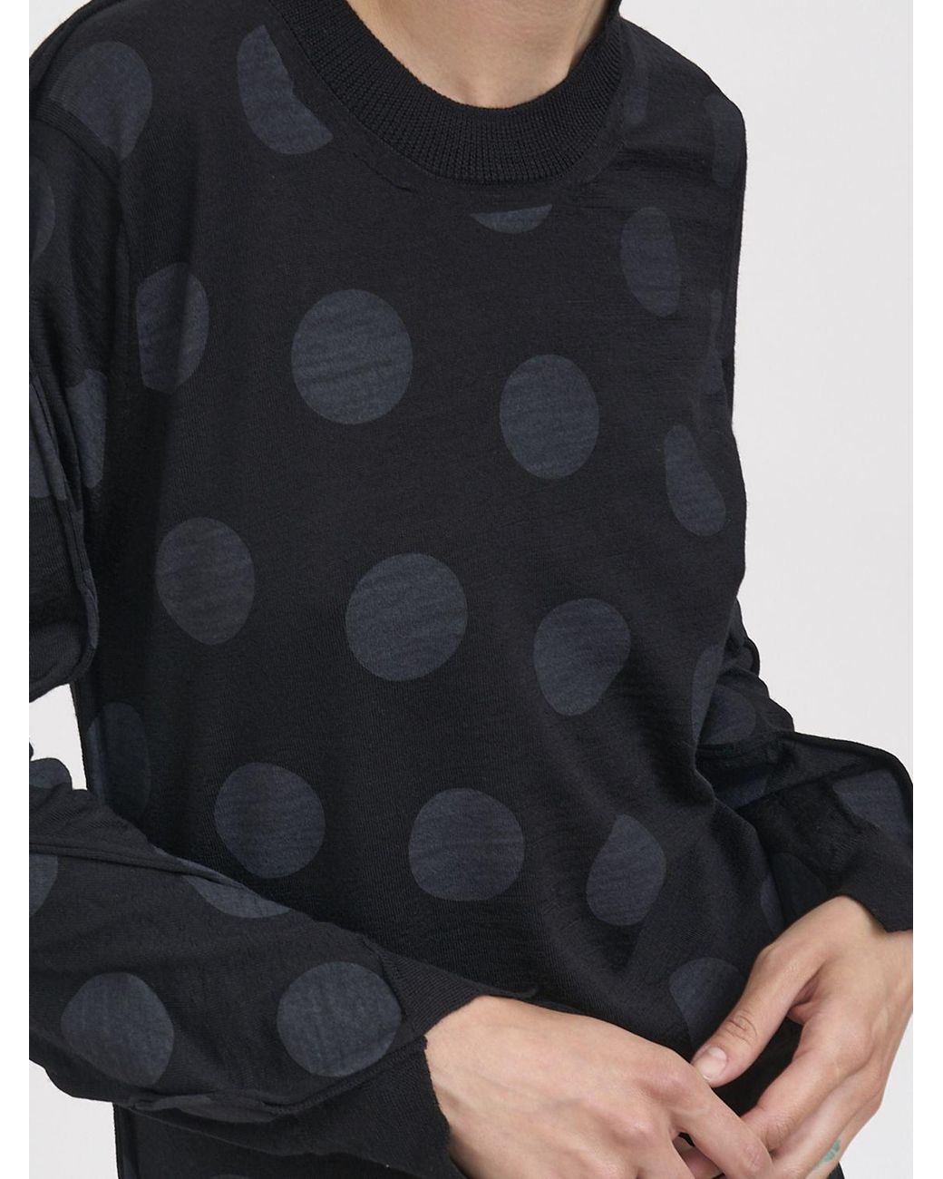 Junya Watanabe Black Polka-Dot Pure Wool Crewneck Jumper With Asymmetric Hem