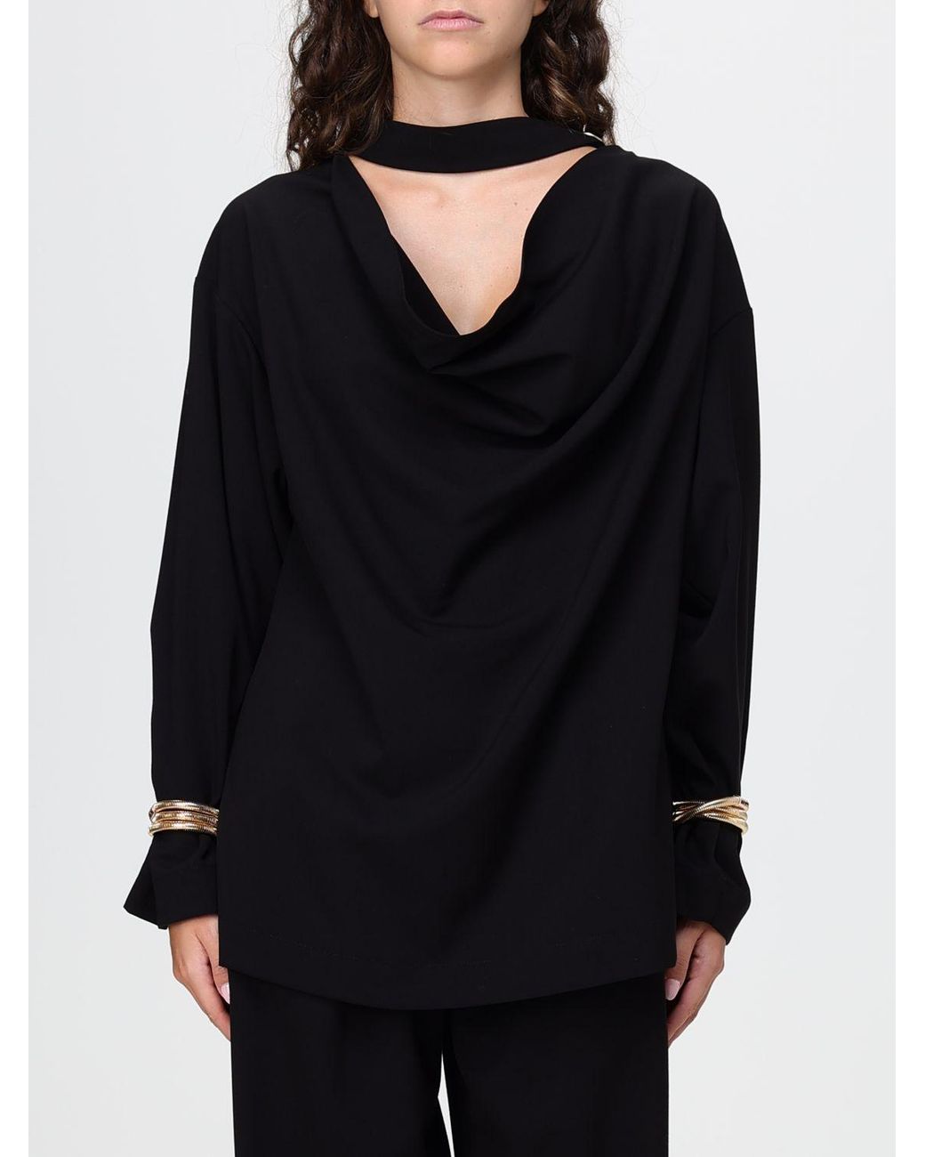 SIMONA CORSELLINI Black Draped Satin Blouse With Ring-Detail Neckline