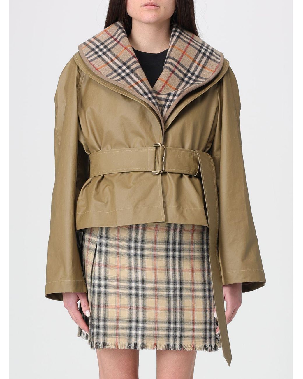 Burberry Natural Waxed Cotton And Wool Jacket With Belt