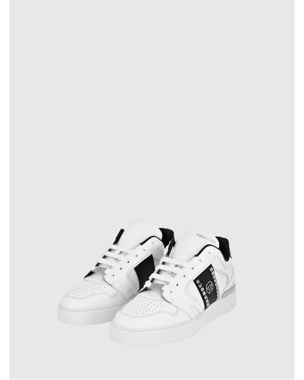 Philipp Plein White Low-Top Leather Sneakers With Hexagon Logo And Studs for men