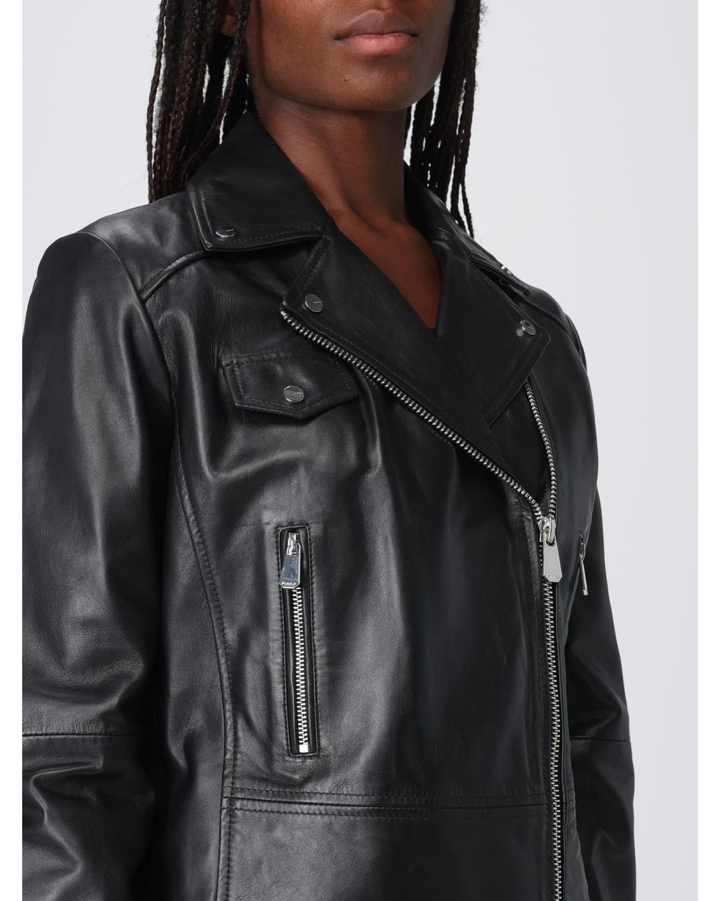 Pinko Black New Sensibile Cropped Lamb Nappa Biker Jacket With Asymmetric Zip