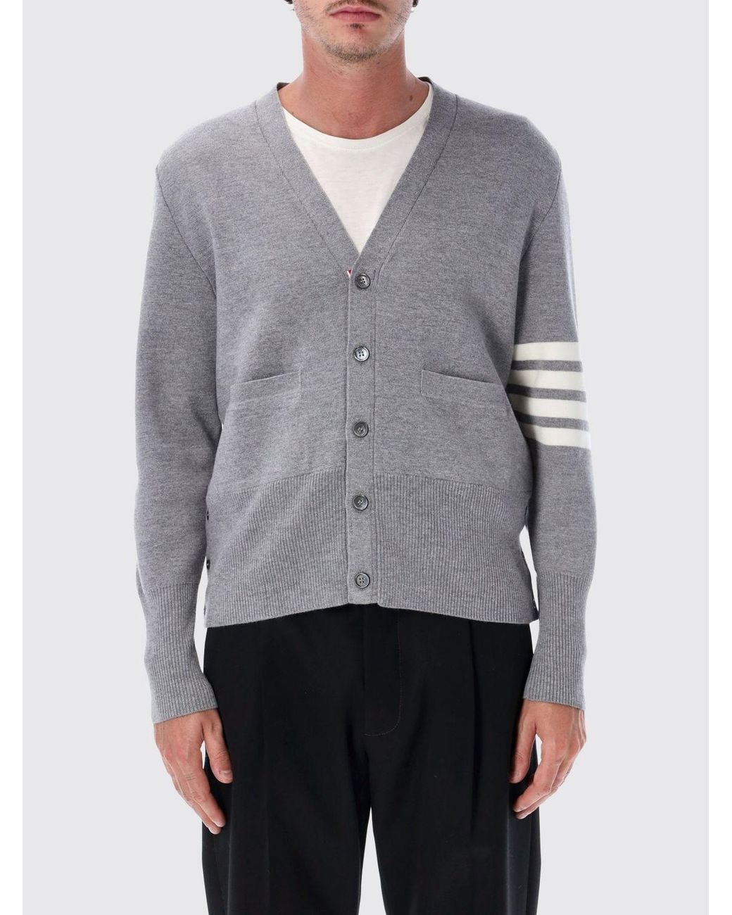 Thom Browne Gray 4-Bar V-Neck Virgin Wool Cardigan for men