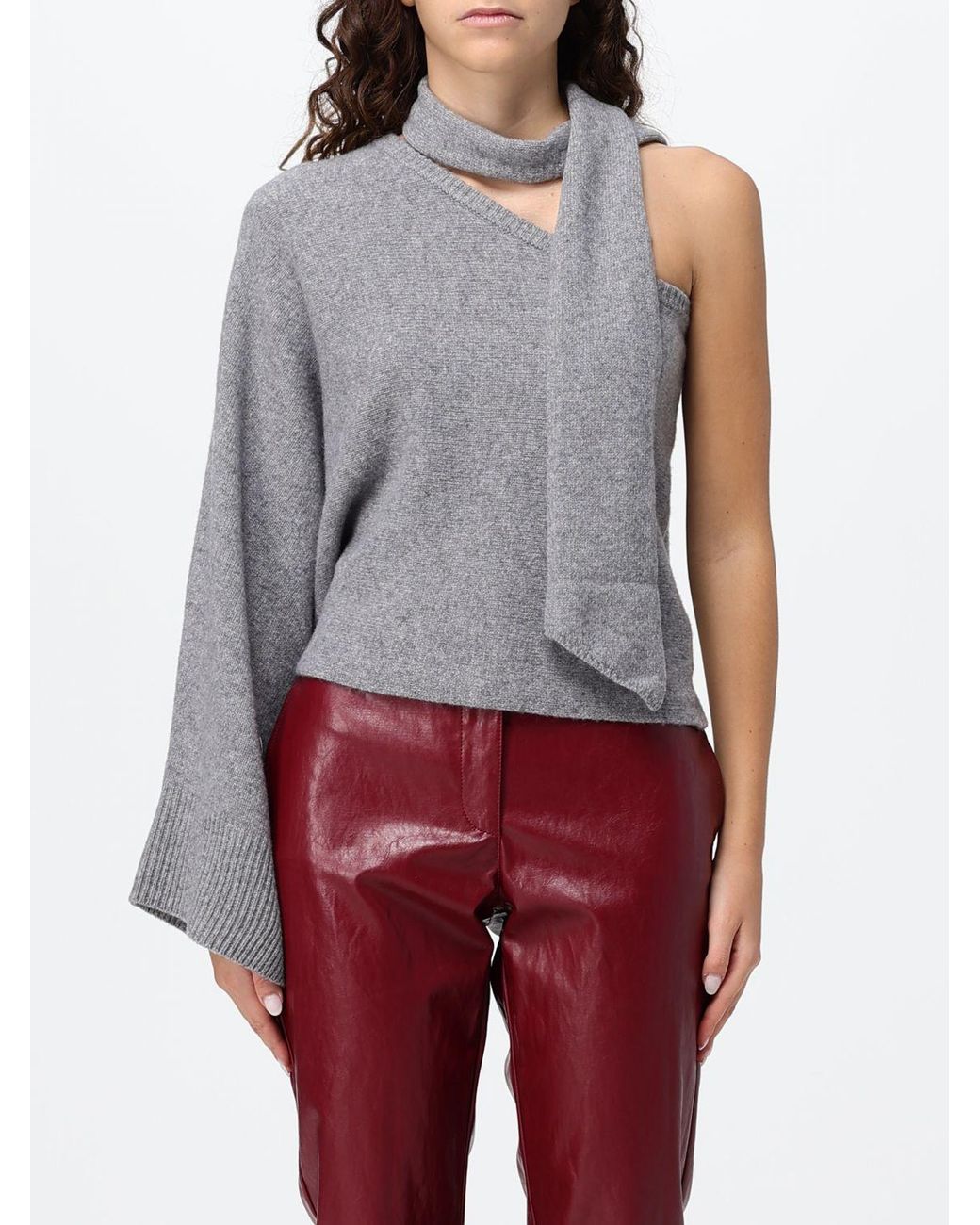 FEDERICA TOSI Gray Asymmetrical One-Shoulder Wool And Cashmere Top With Scarf Neck