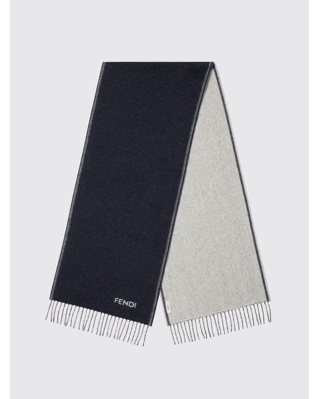 Fendi Blue Pure Cashmere Scarf With Embroidered Logo And Fringed Edges for men