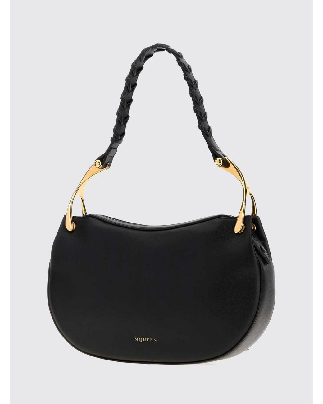 McQueen Black Wishbone Calfskin Shoulder Bag With Woven Handle