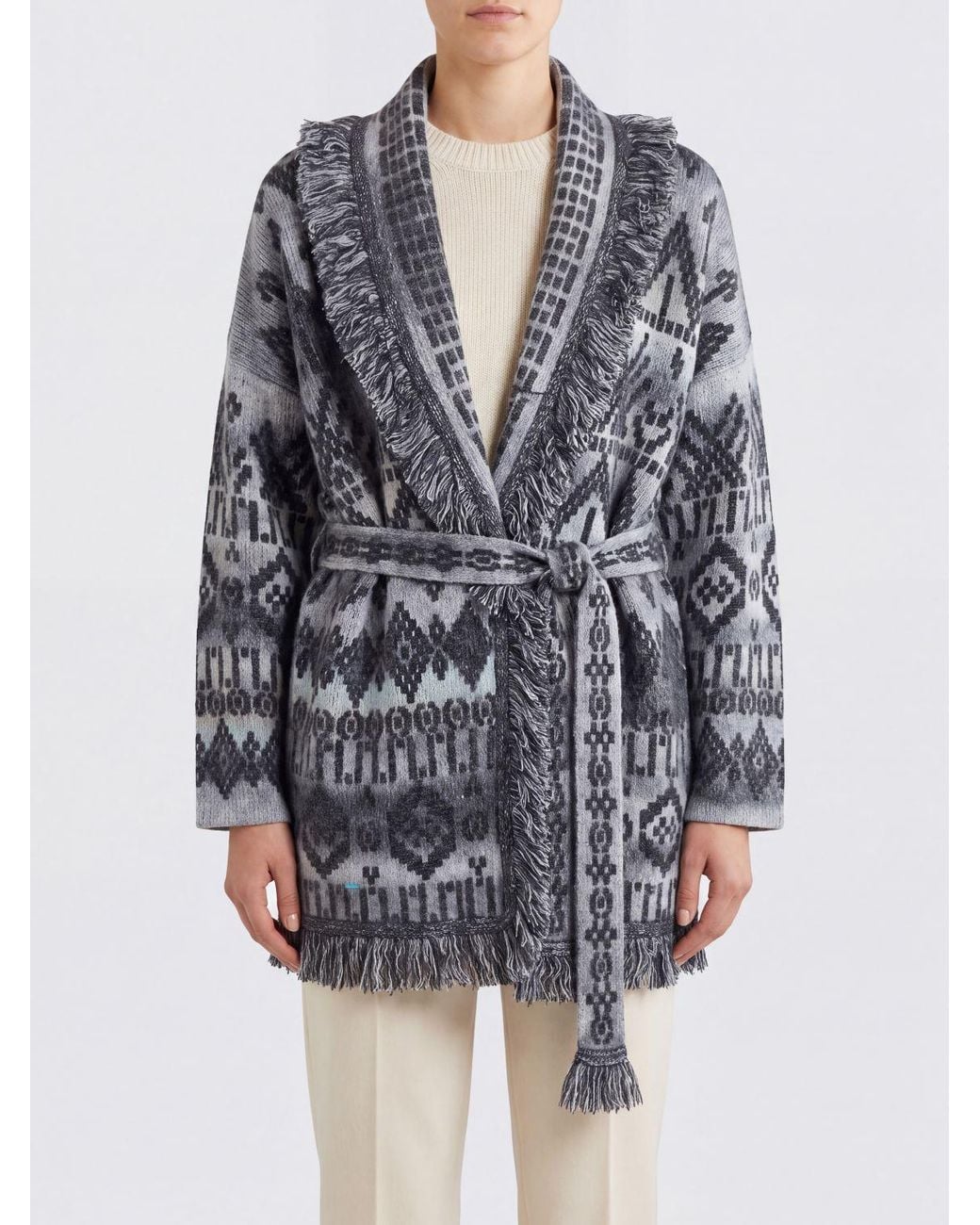 Alanui Gray Jacquard Virgin Wool Robe Cardigan With Shawl Collar And Fringes