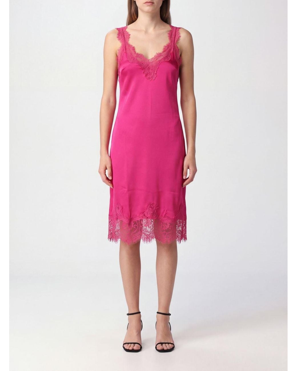 Gold Hawk Pink Pure Silk Mini Slip Dress With Lace Inserts