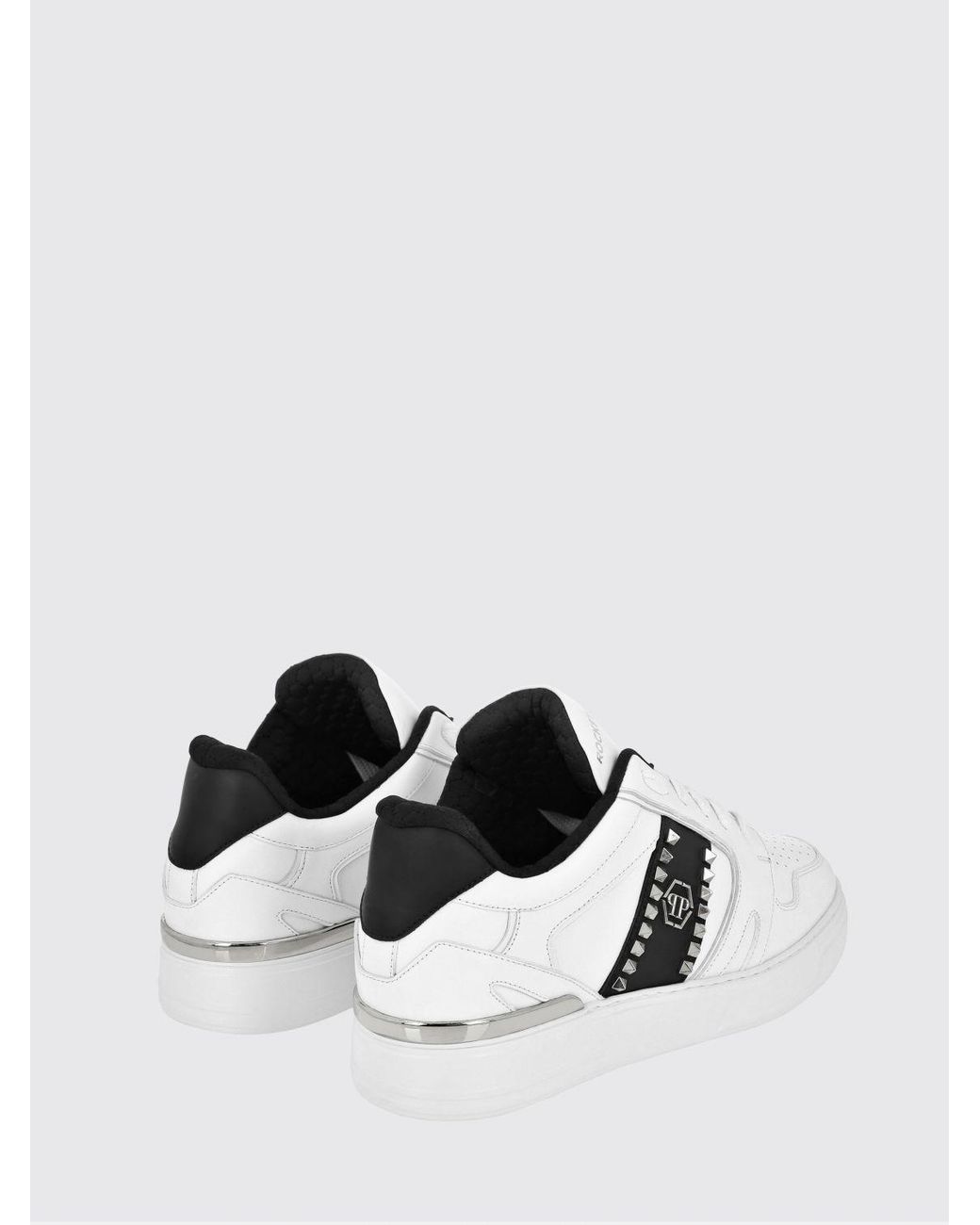Philipp Plein White Low-Top Leather Sneakers With Hexagon Logo And Studs for men