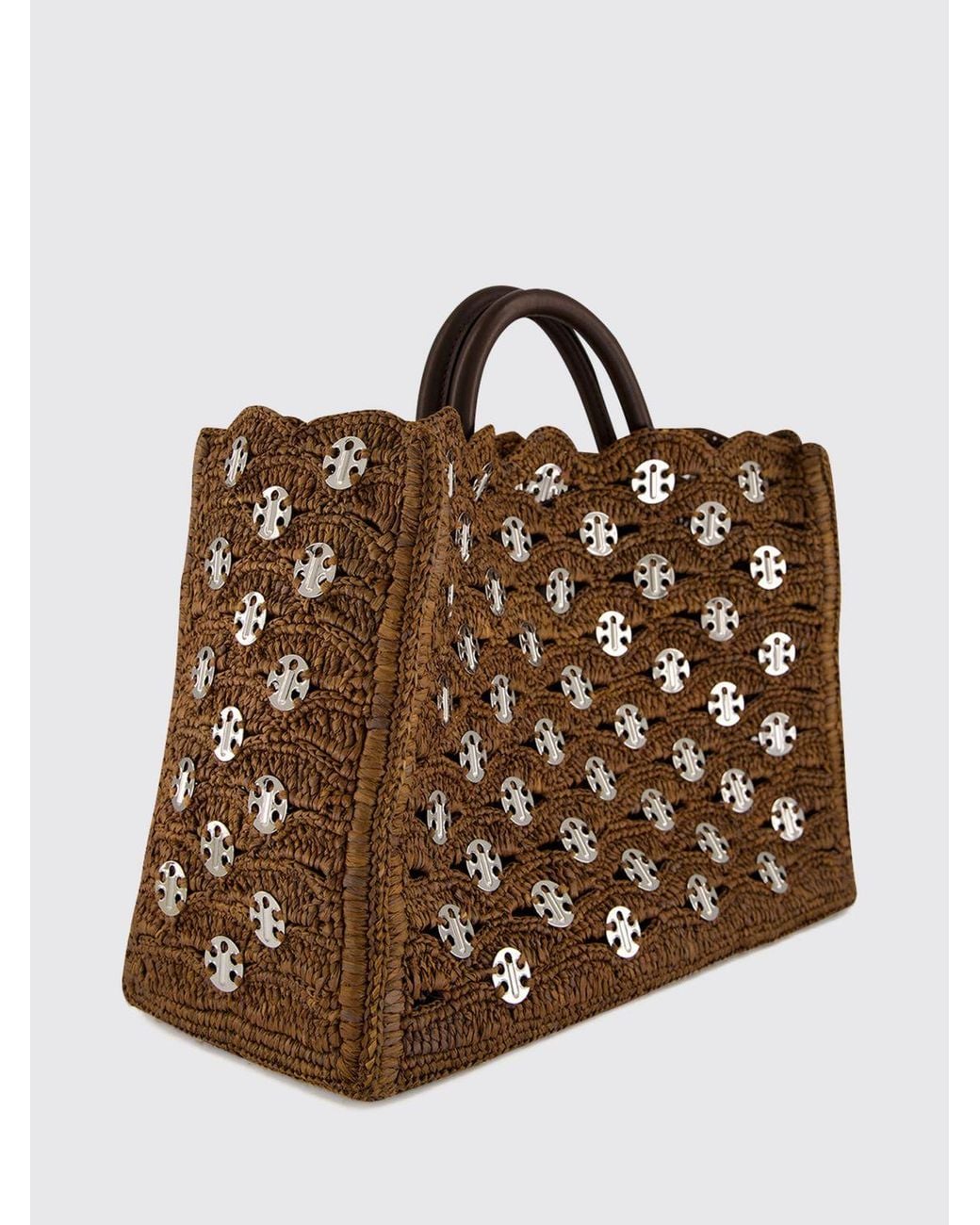 Rabanne Brown 1969 Raffia And Leather Tote Bag With Metallic Rings