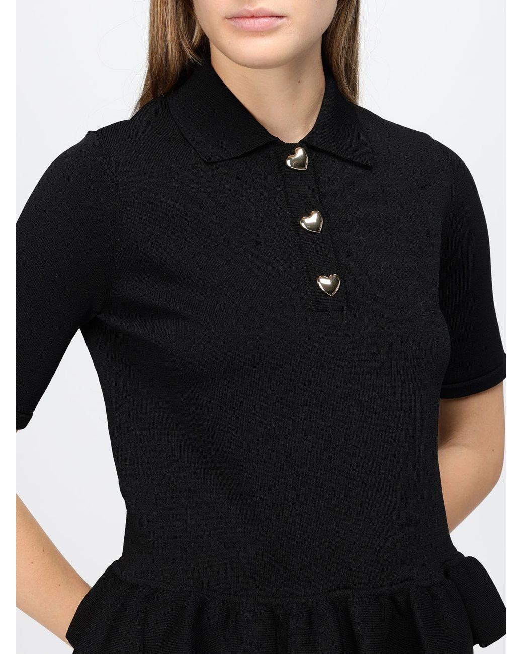 Twinset Black Slim Fit Short-Sleeved Knit Polo Shirt With Ruffled Hem And Heart