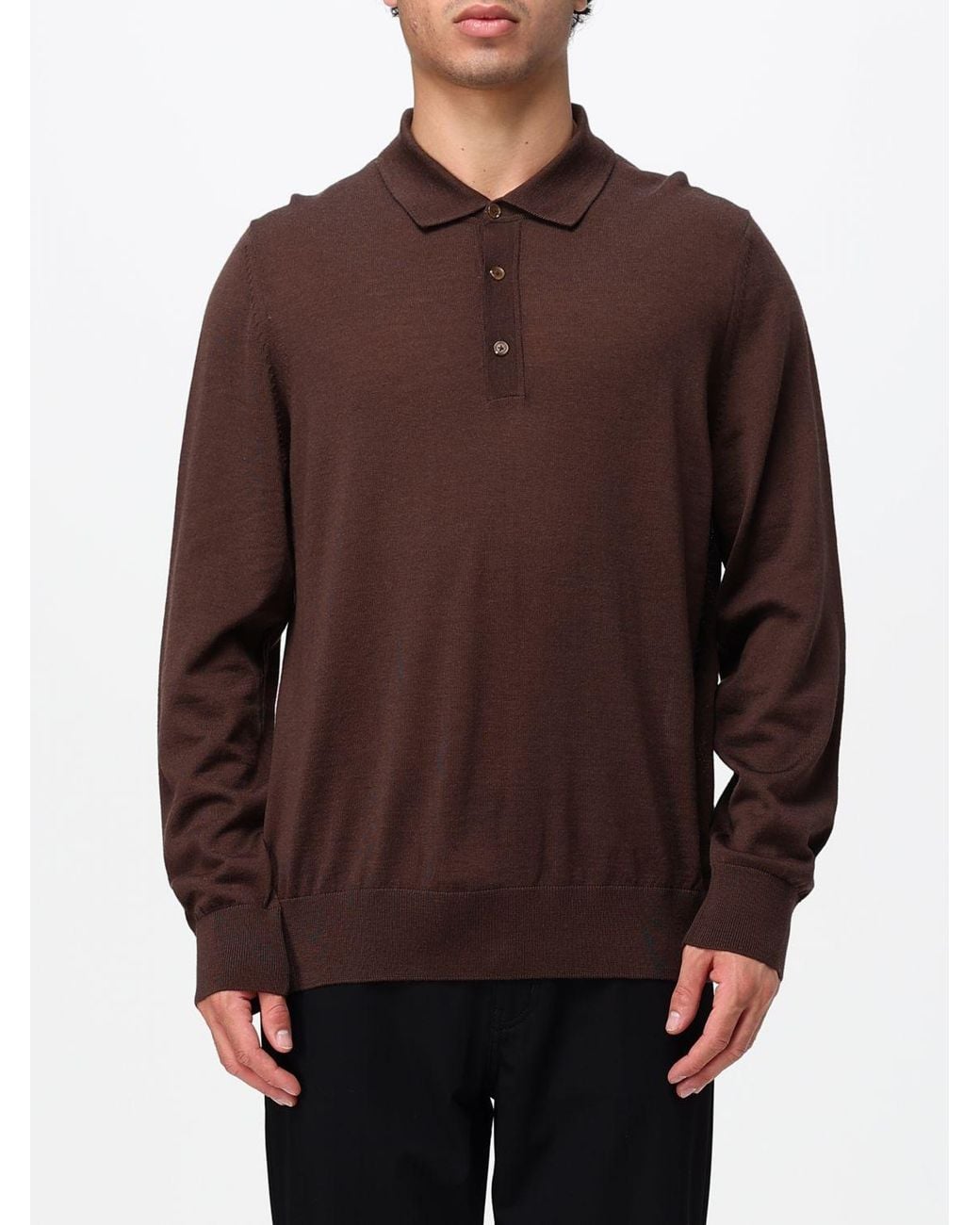 Boss Brown Long-Sleeved Knit Polo Shirt for men
