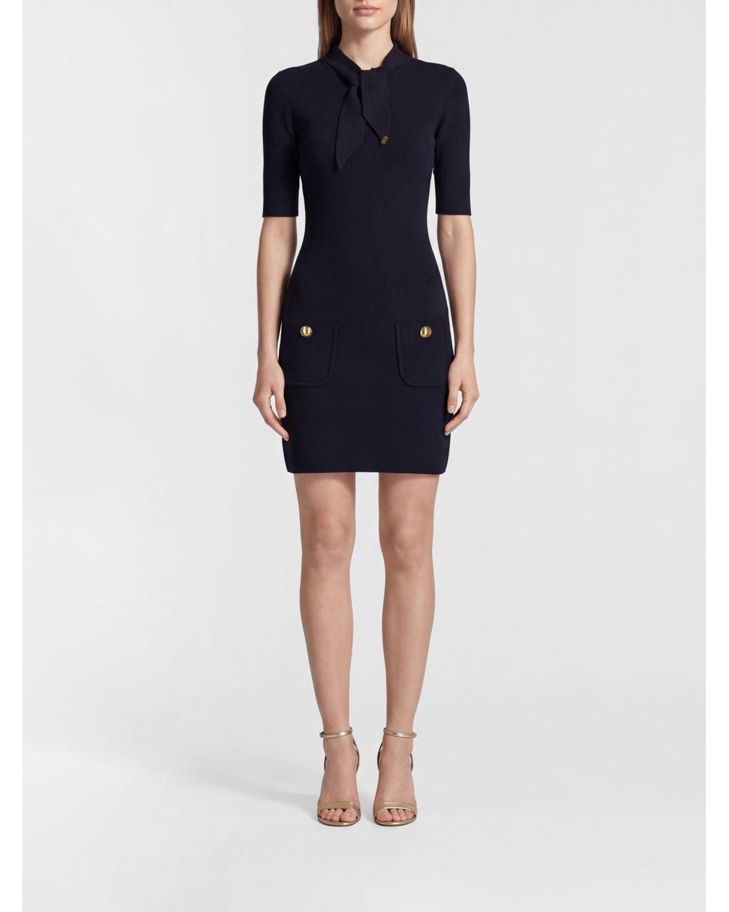 Elisabetta Franchi Blue Knit Mini Dress With Pussy-Bow Collar And Pockets
