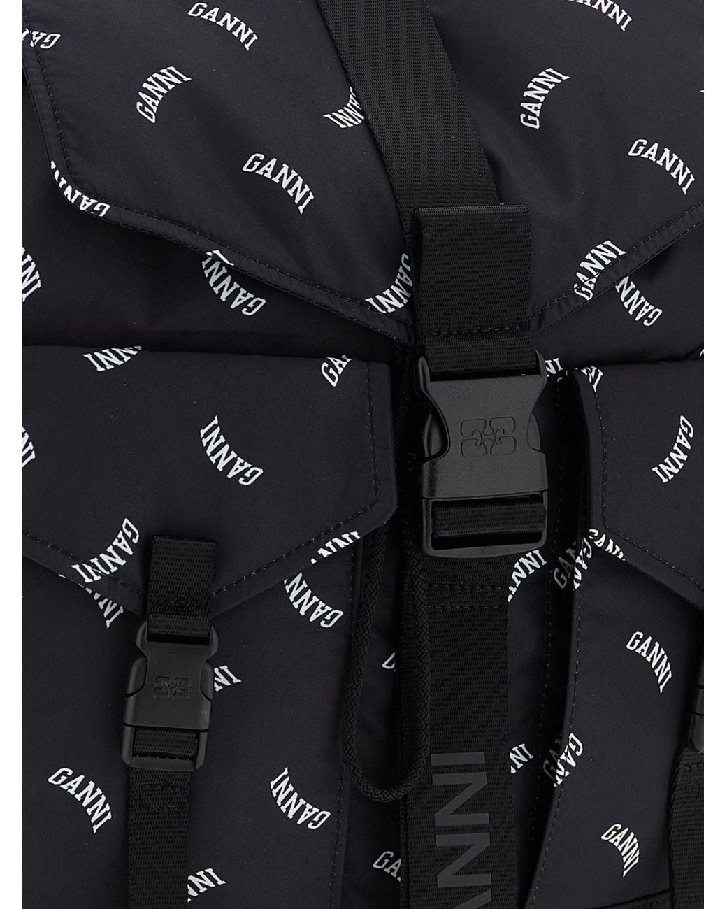Ganni Black Re-Tech Recycled Nylon Backpack With All-Over Logo
