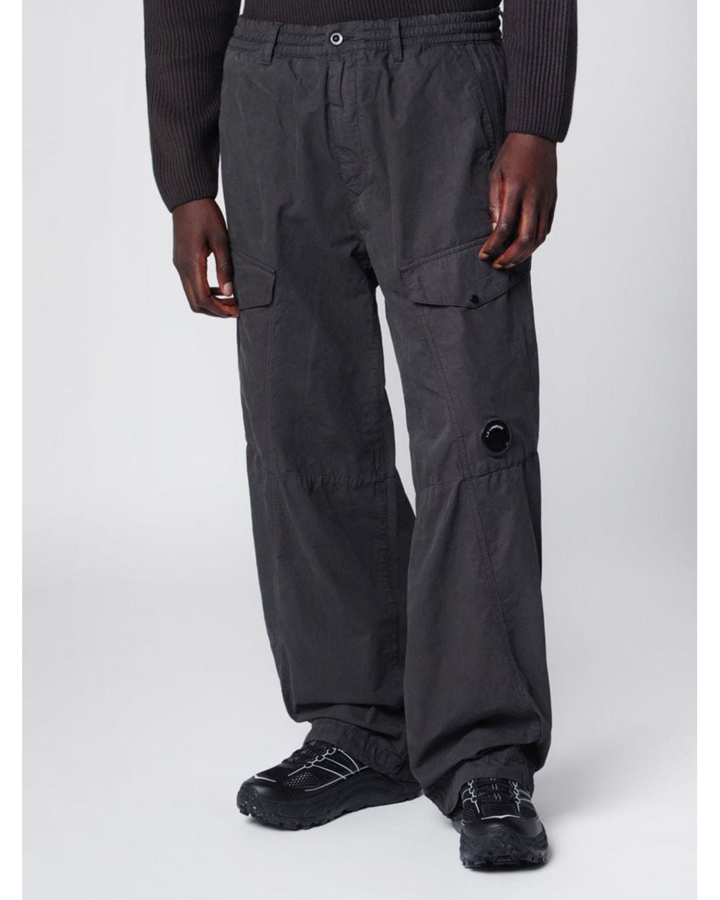 C P Company Black Oversized Stretch Cotton Cargo Trousers for men