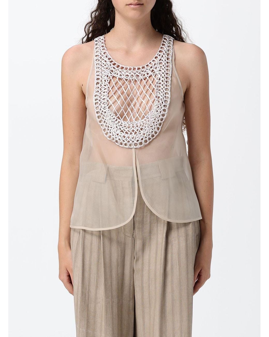 Emporio Armani Natural Tulle Evening Top With Macramé Inserts And Off-The-Shoulder Design