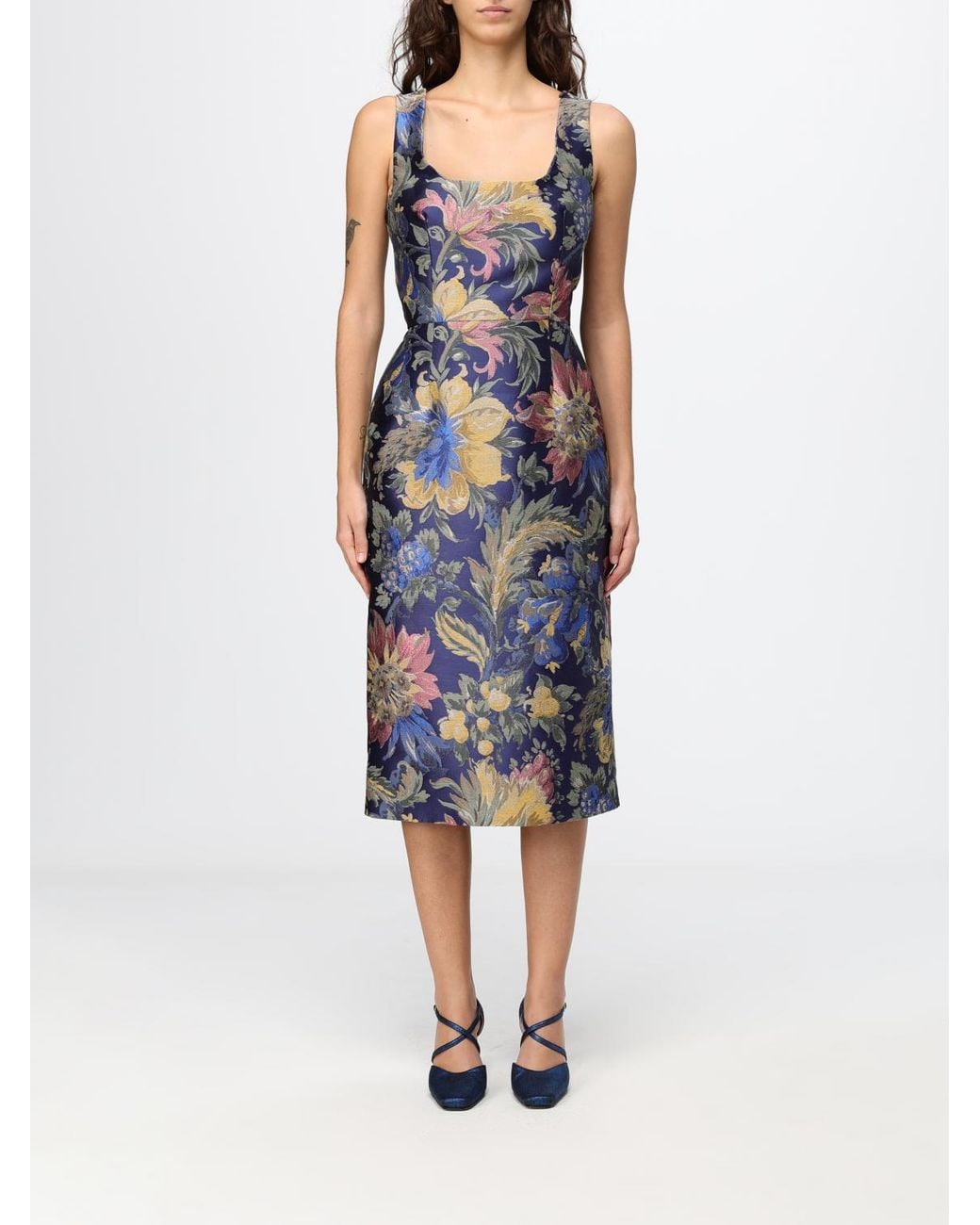 Etro Blue Floral Print Midi Sheath Dress
