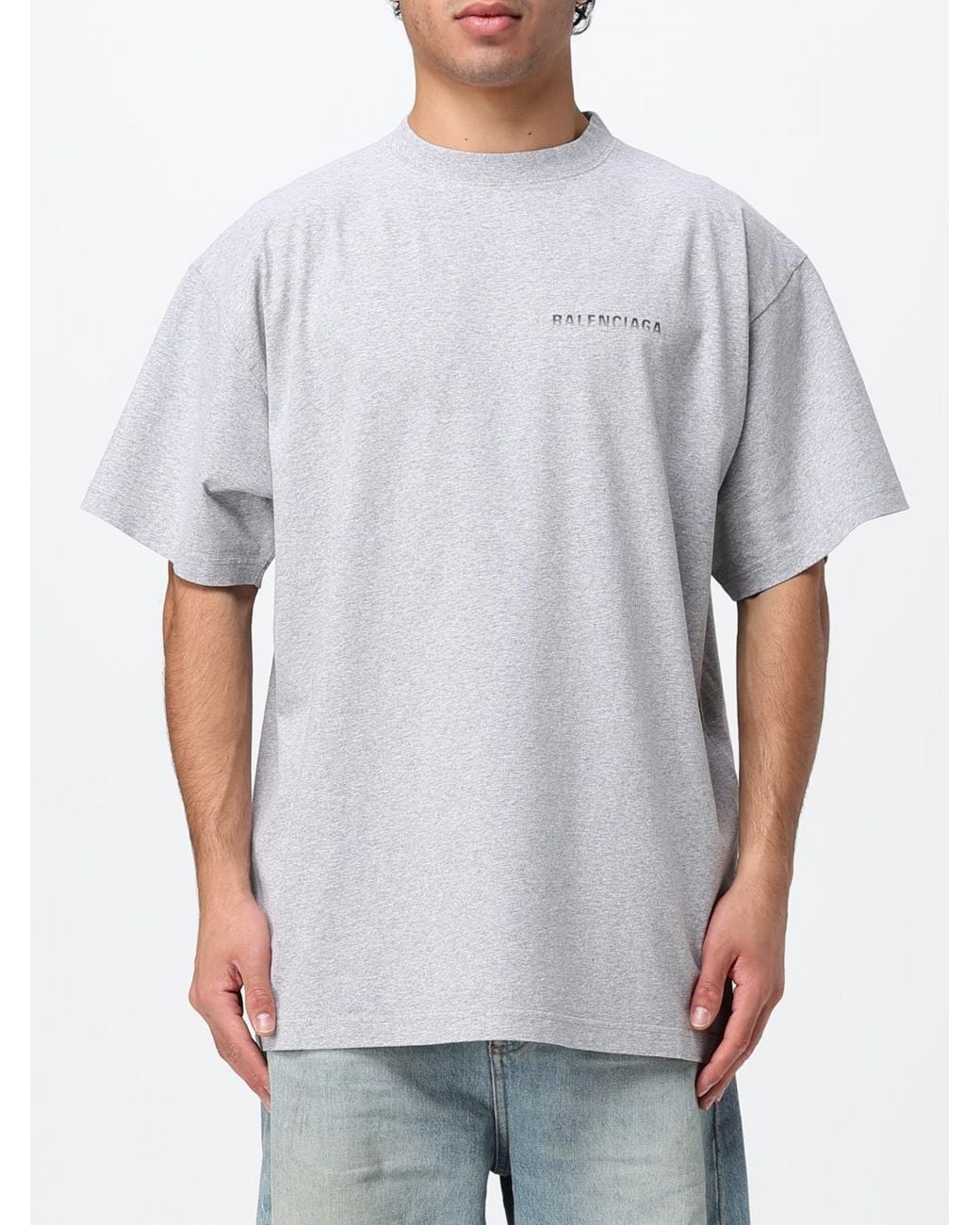 Balenciaga Gray Cotton T-Shirt With Contrasting Logo And Dropped Shoulders for men