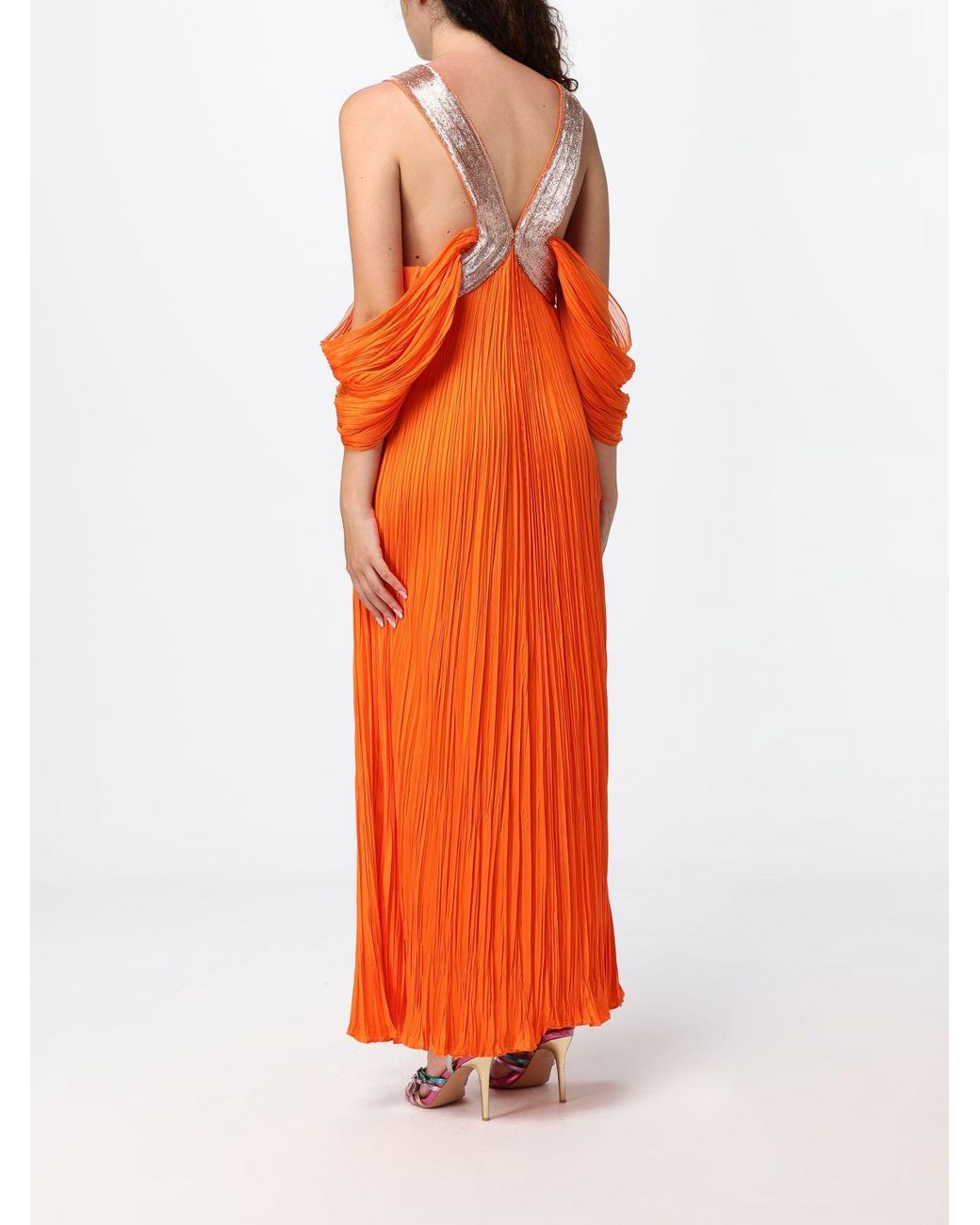 Alberta Ferretti Orange Long Pleated Silk Kaftan With Off-The-Shoulder Design