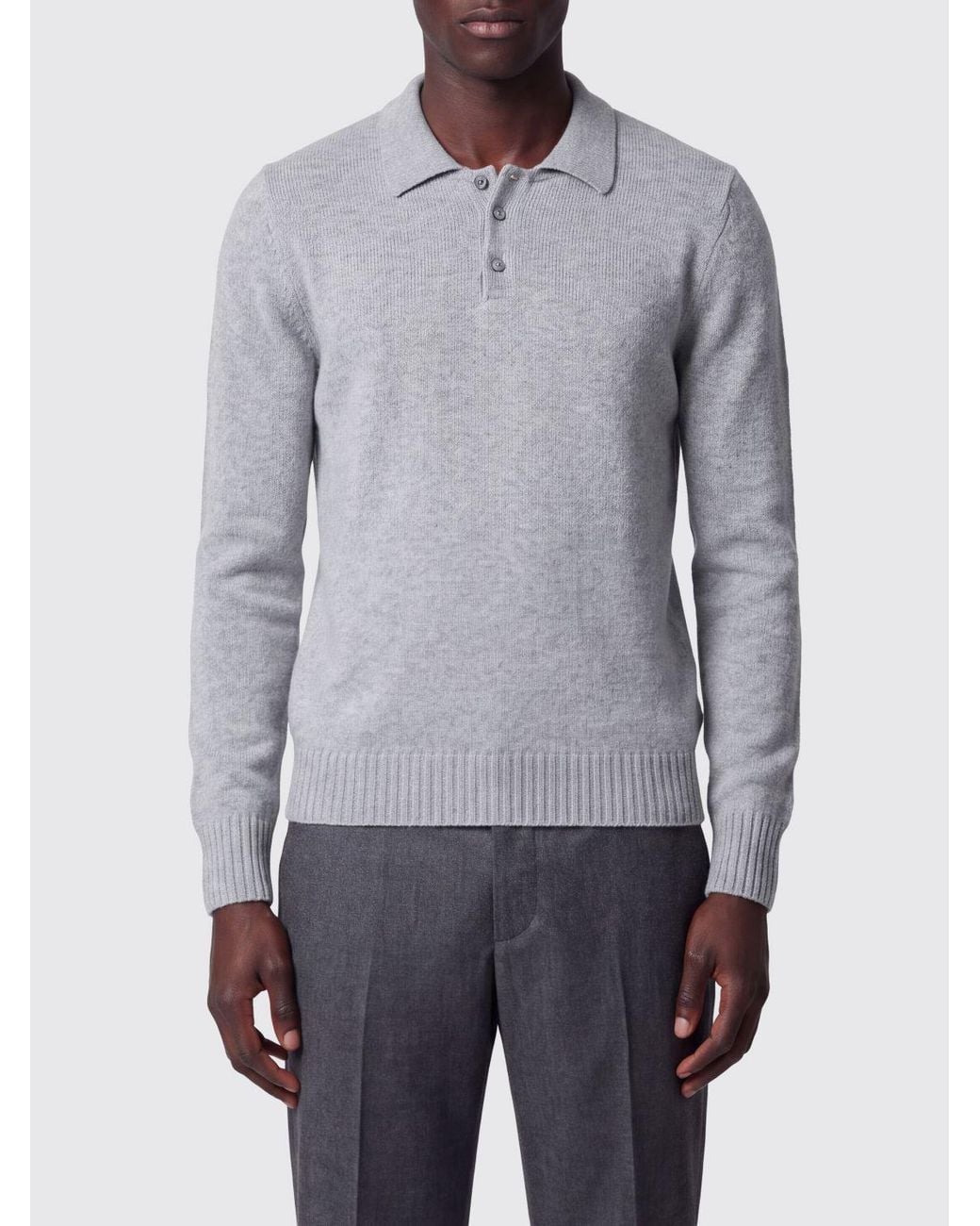 Drumohr Gray Long-Sleeved Pure Cashmere Polo With Three-Button Placket for men