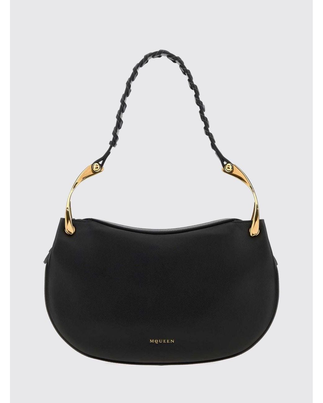 McQueen Black Wishbone Calfskin Shoulder Bag With Woven Handle