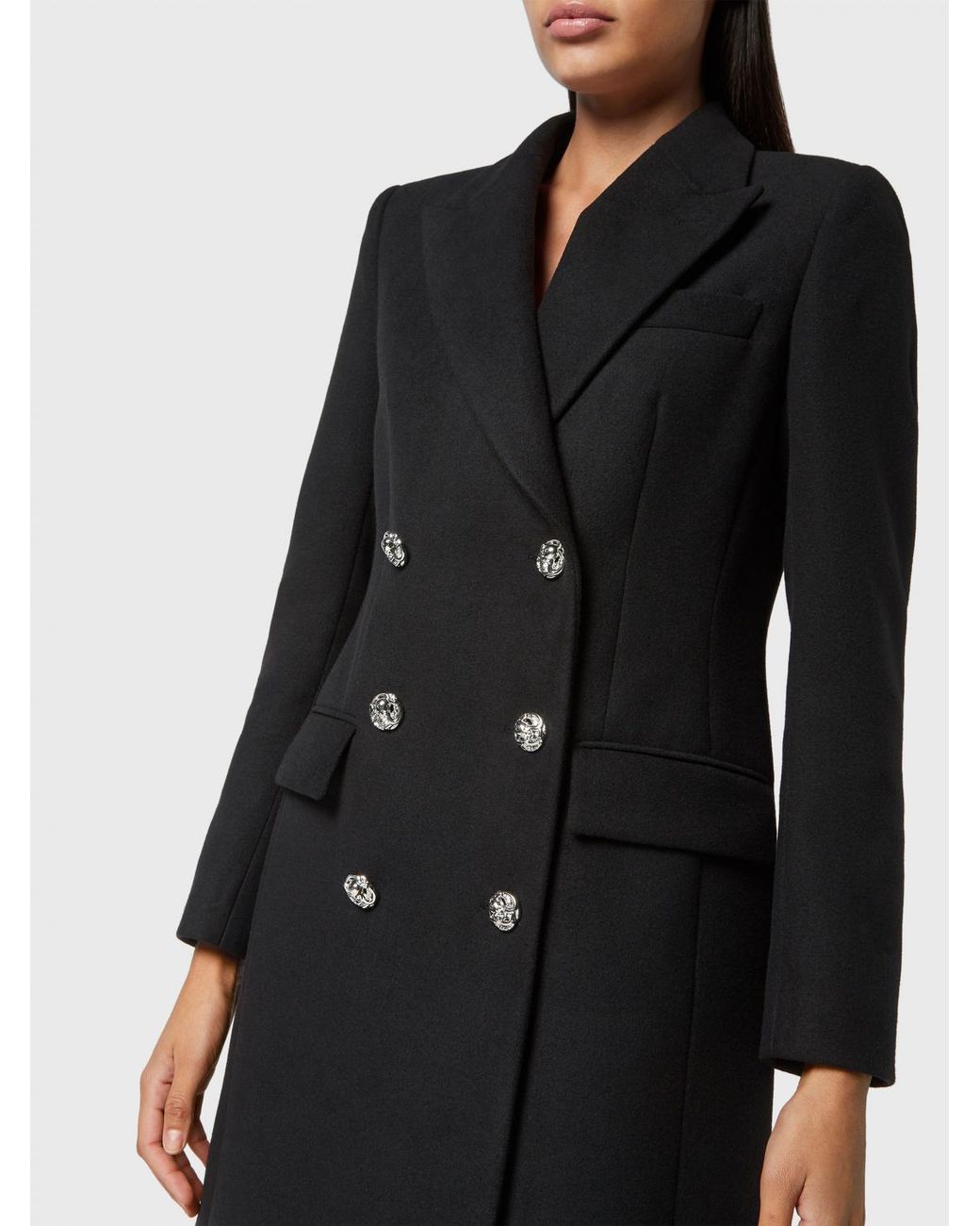 Philipp Plein Black Double-Breasted Knee-Length Wool Coat