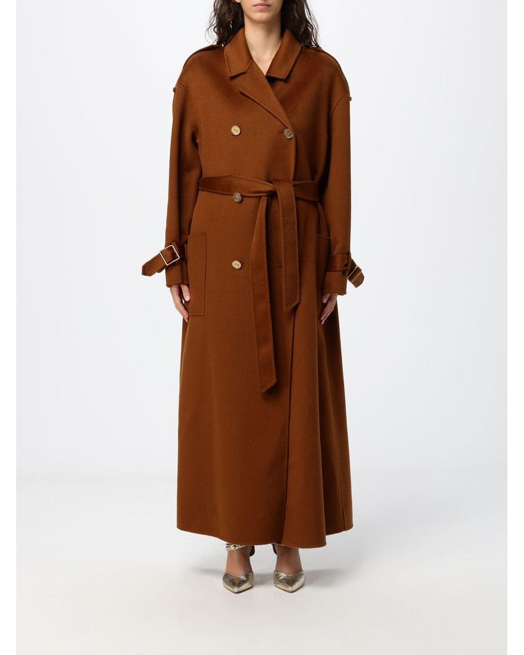 Elisabetta Franchi Brown Double-Breasted Long Wool Coat With Belt