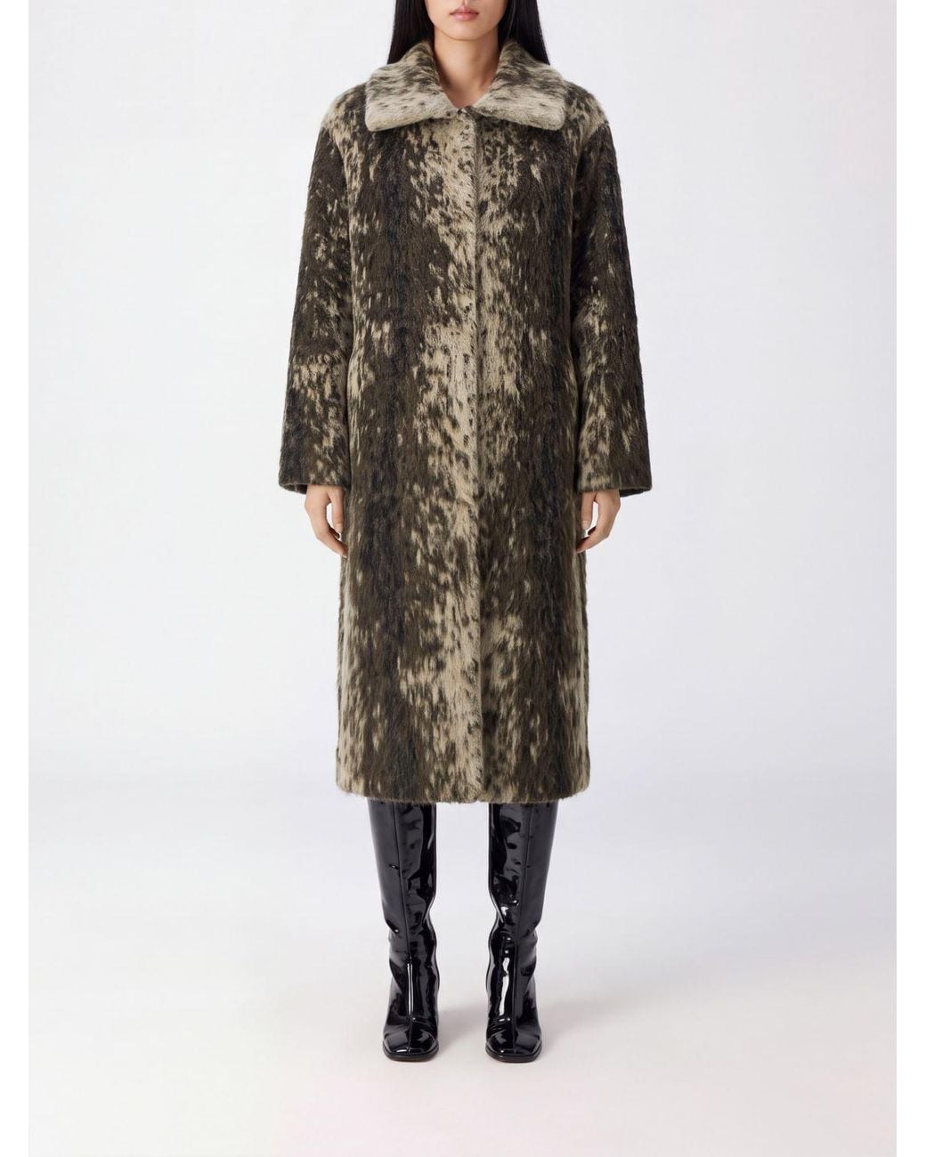 Nude Brown Long Alpaca Wool Coat With An Abstract Pattern And A Classic Collar