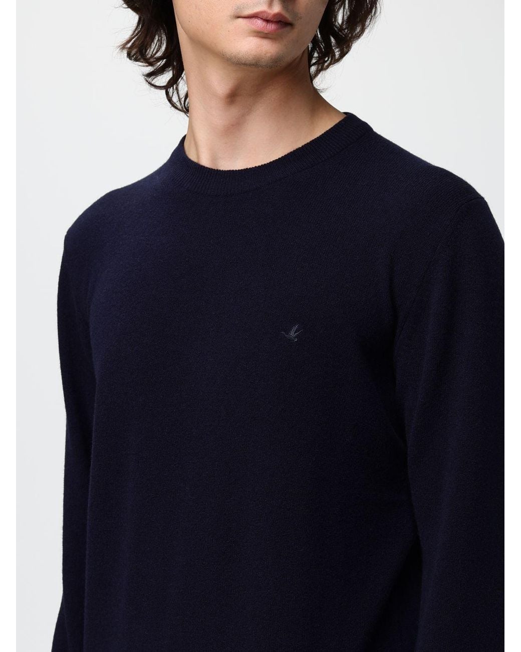 Brooksfield Blue Crew-Neck Wool Jumper With Ribbed Cuffs And Hem for men