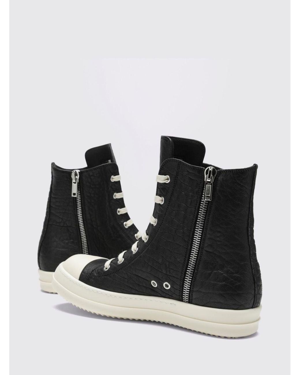 Rick Owens Black Tumbled Leather High-Top Sneakers With Side Zip And Round Toe for men