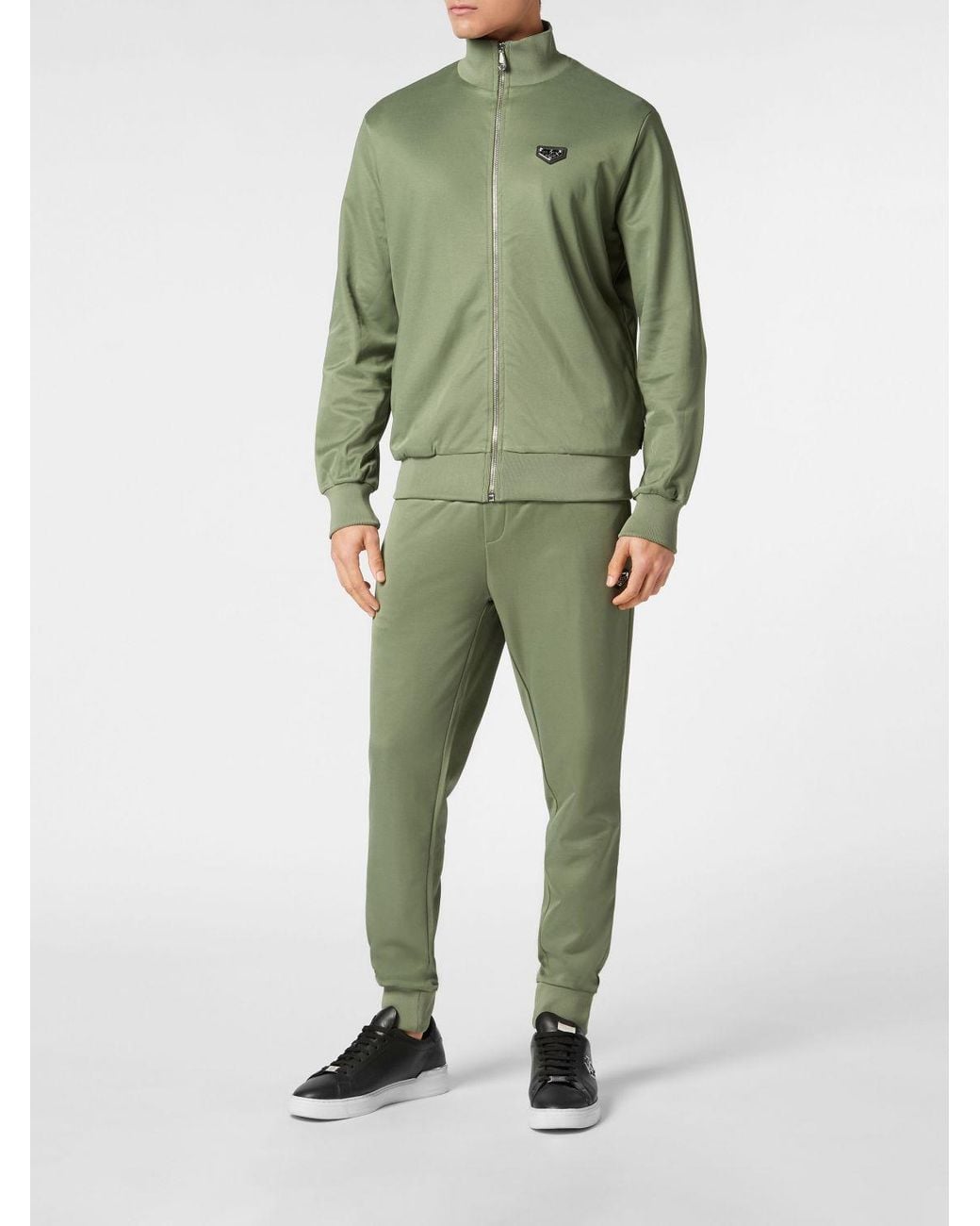 Philipp Plein Green Cotton-Blend High Neck Zip Sweatshirt With Applied Logo for men