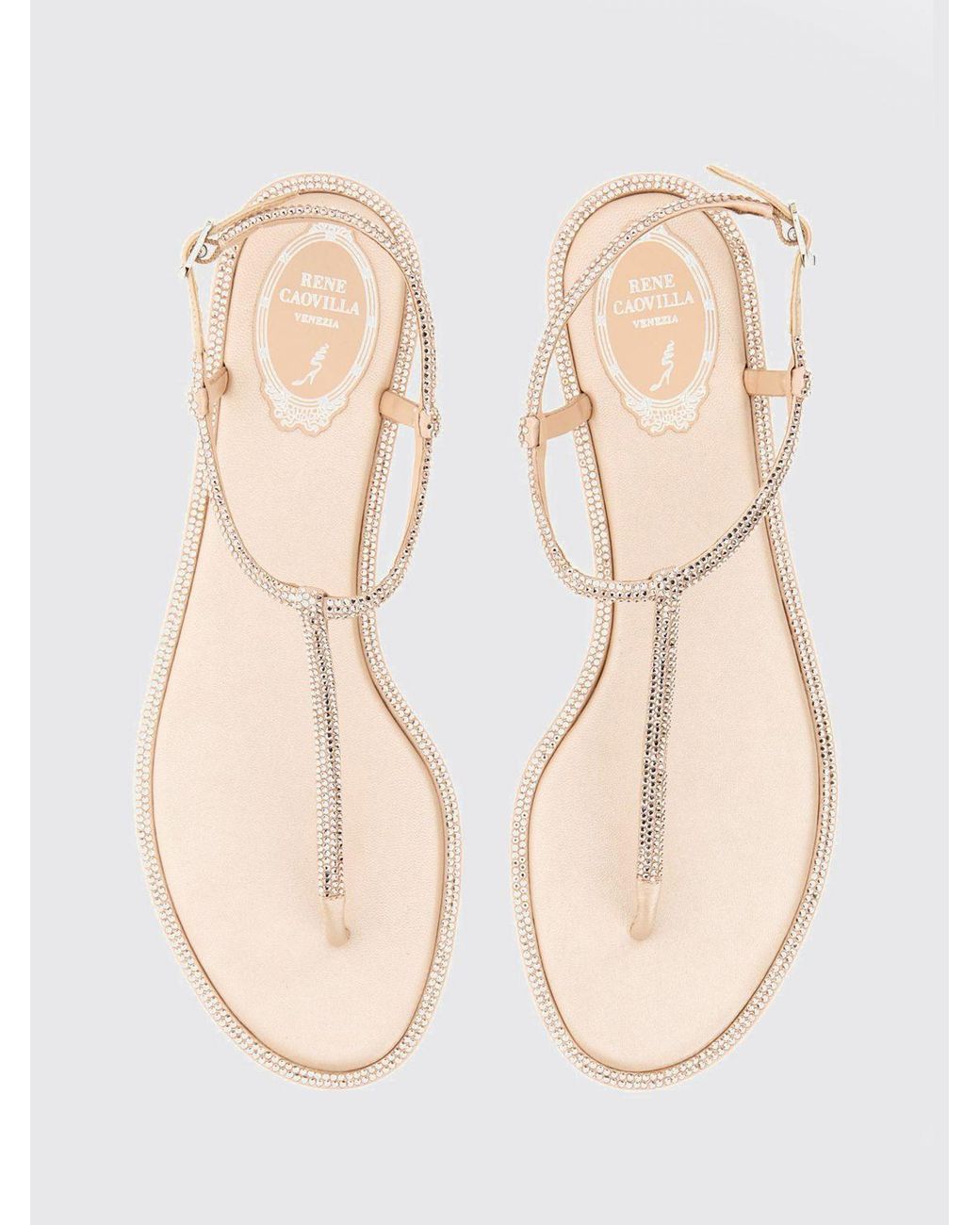 Rene Caovilla Natural Diana Nappa Leather Sandals With Rhinestones