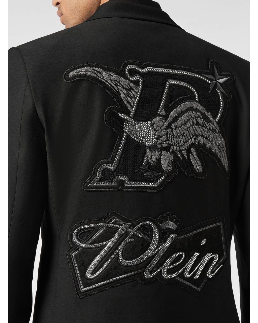 Philipp Plein Black Single-Breasted Wool-Blend Blazer With Peak Lapels And Logo Patch for men