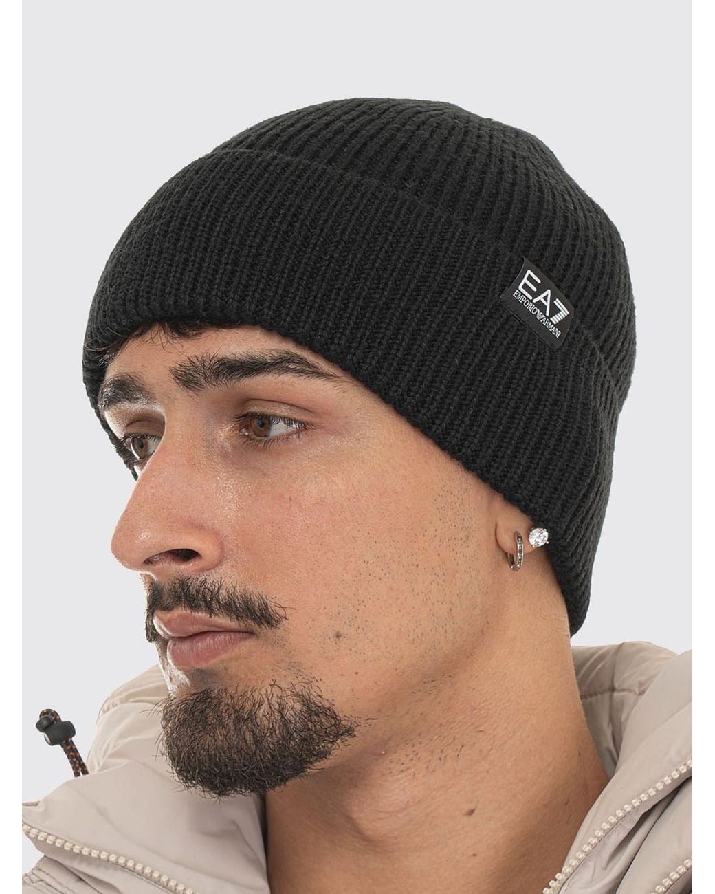 EA7 Black Wool Blend Beanie Hat With Applied Logo for men