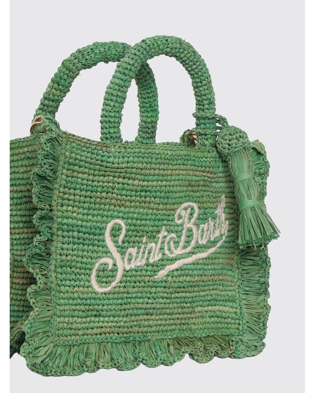 Mc2 Saint Barth Green Embroidered Logo Raffia Bag
