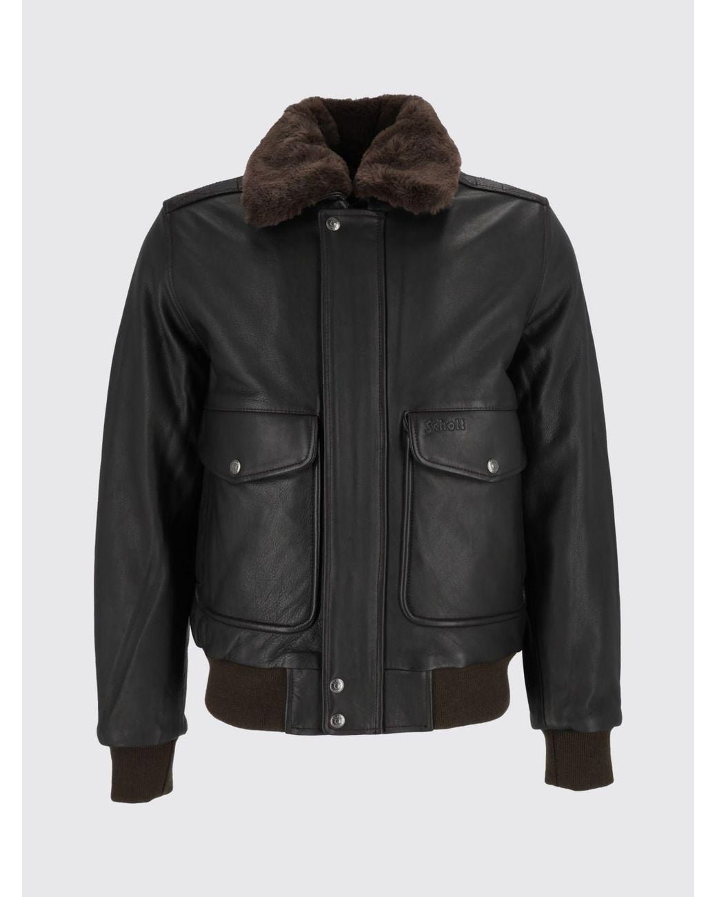 Schott Nyc Black Leather Bomber Jacket With Fur Collar And Concealed Closure for men