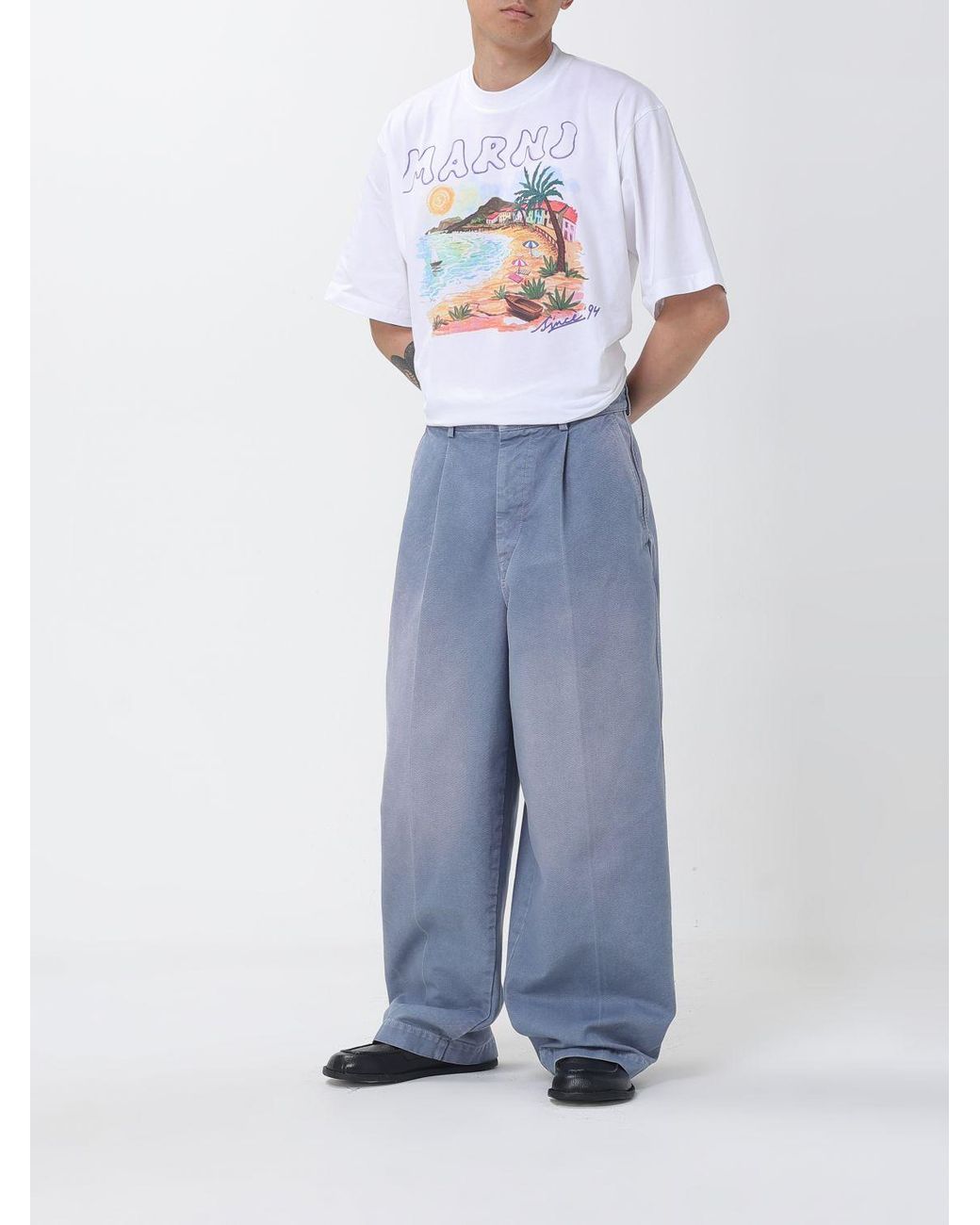 Marni Blue Cotton Wide-Leg Trousers for men