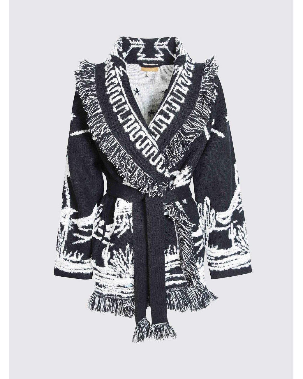 Alanui Blue Jacquard Cashmere And Wool Cardigan With Fringes And Belt