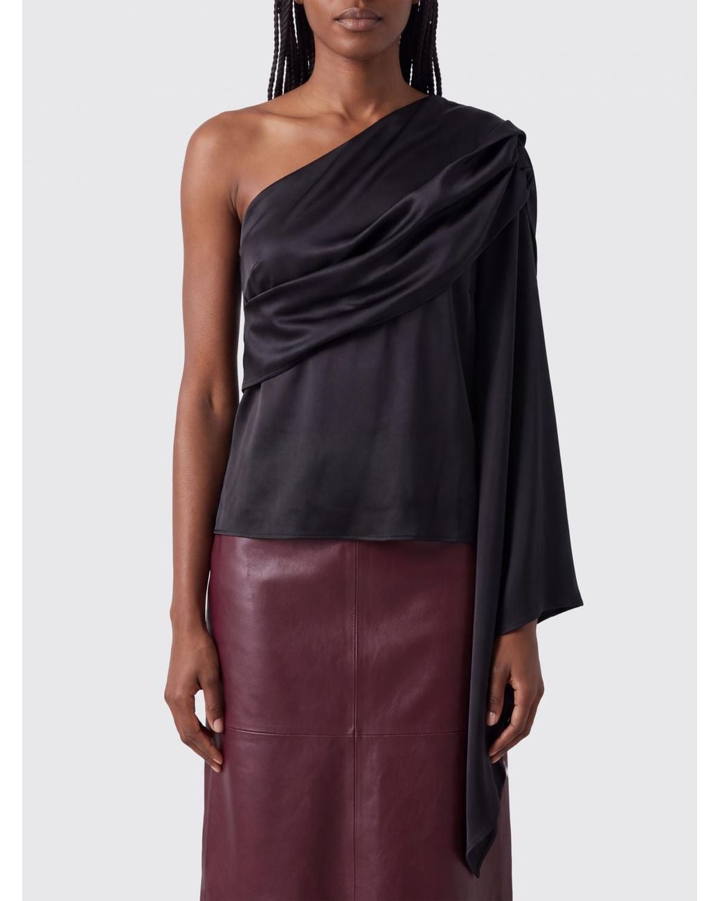Alberta Ferretti Black One-Shoulder Draped Satin Top With Monogram Pattern