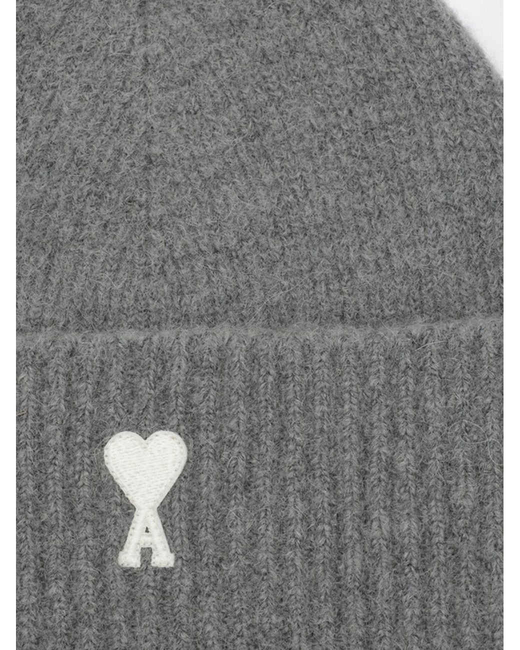 AMI Gray Wool And Alpaca Blend Beanie Hat With Embroidered Logo for men