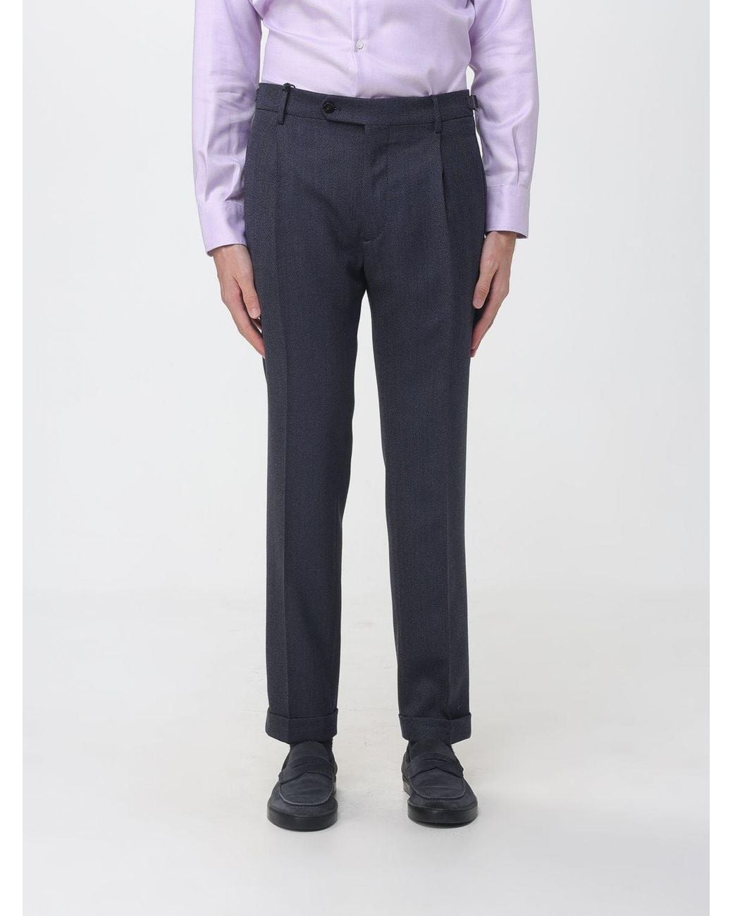 Berwich Blue Slim Fit Pleated Wool Chinos for men