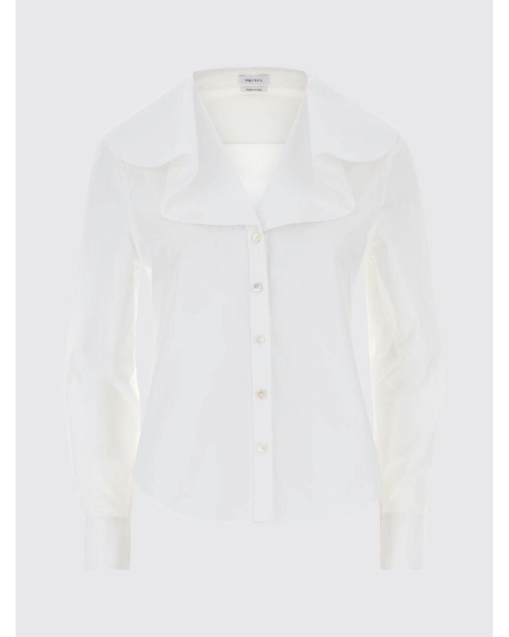McQueen White Cotton Poplin Shirt With Ruffles And V-Neck