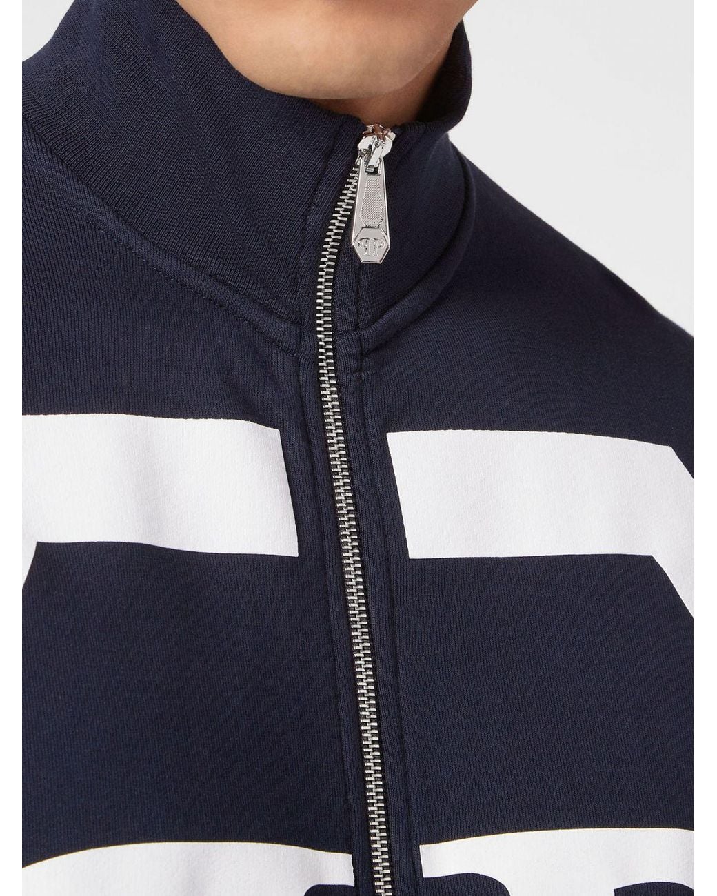 Philipp Plein Blue Cotton Zip-Up Sweatshirt With High Neck And Monogram Hexagon Logo for men