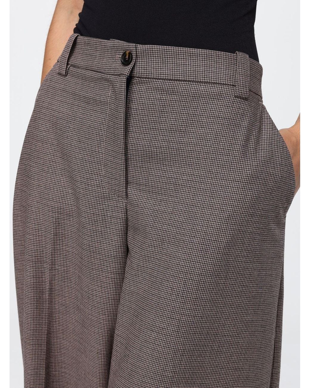 Pinko Gray High-Waisted Houndstooth Wool Blend Wide-Leg Trousers