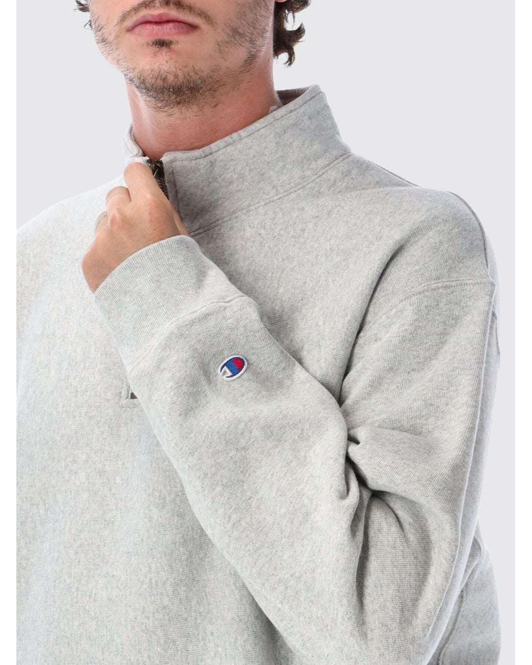 Champion Gray High-Neck Half-Zip Cotton Blend Sweatshirt for men