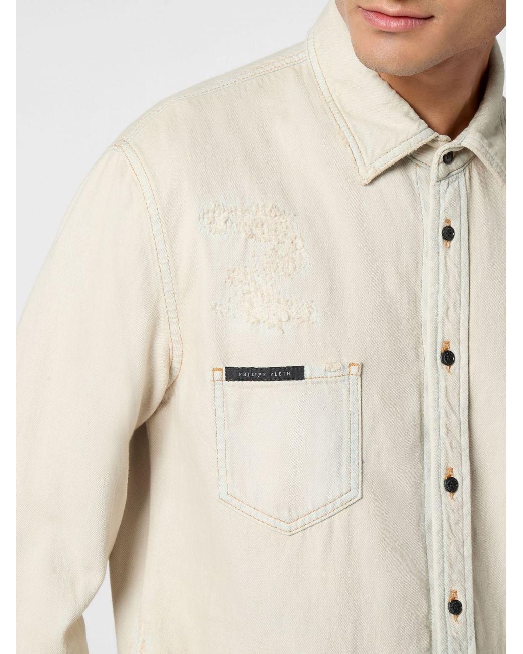 Philipp Plein Natural Cotton Denim Shirt With French Collar And Patch Pockets for men