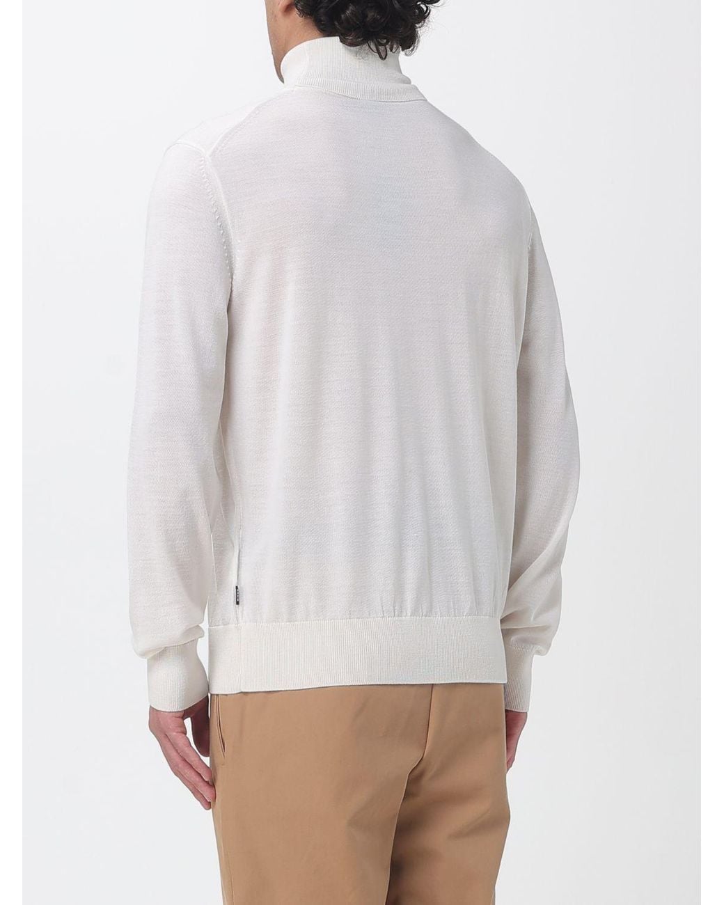 Boss White Virgin Wool Turtleneck Jumper With Ribbed Trims for men
