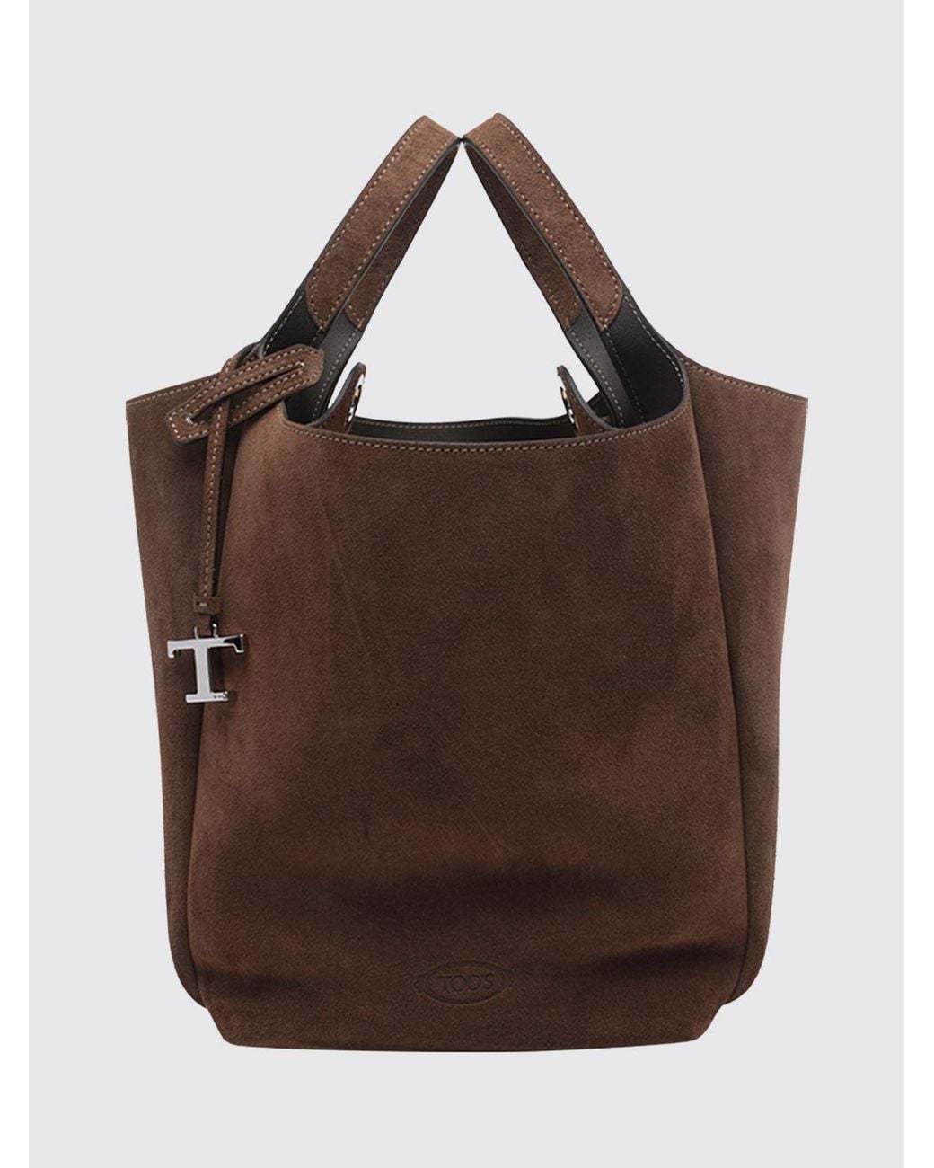 Tod's Brown Suede Calfskin Leather Bucket Bag With Double Handle And Charm