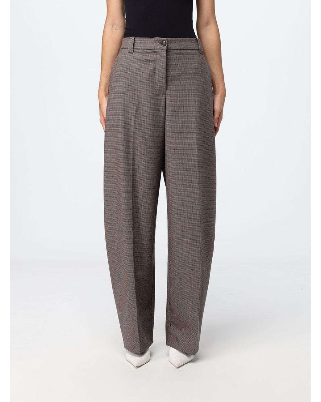 Pinko Gray High-Waisted Houndstooth Wool Blend Wide-Leg Trousers